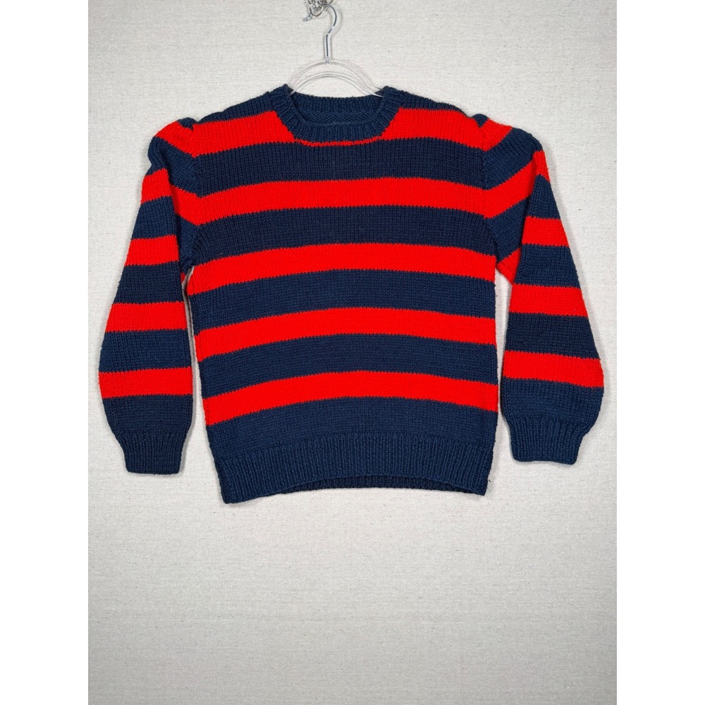 Handmade Vintage Style Knit Sweater Navy Blue Red Striped Crewneck Pullover